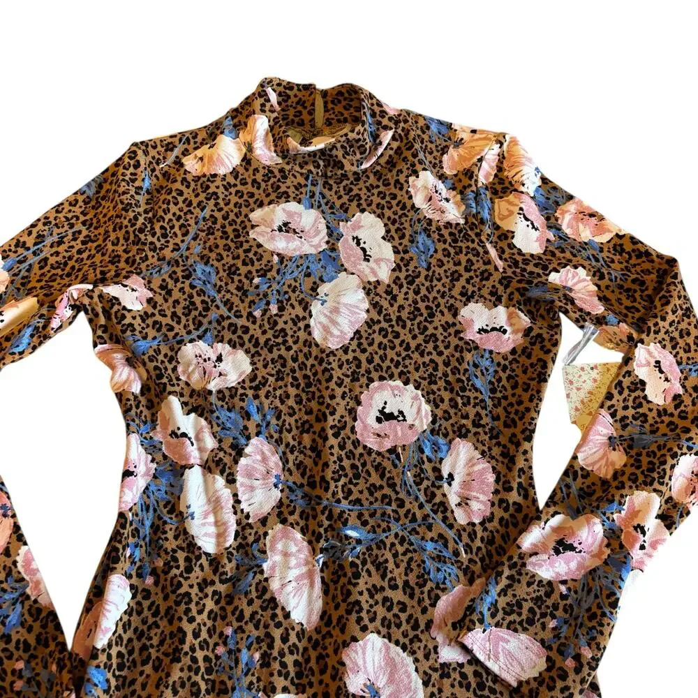 Free People Retro Romance Molly Dress Small Mock Neck Leopard Floral Maxi NWT‎